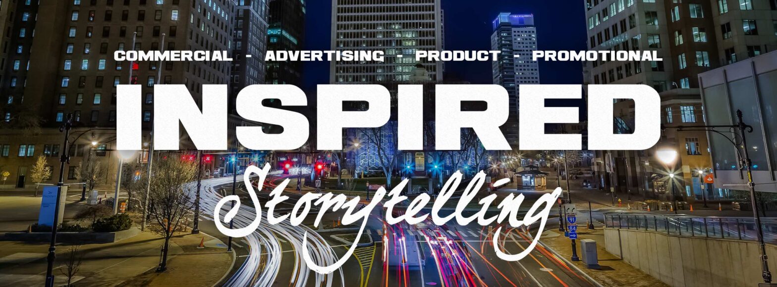Inspired Storytelling title header. Cityscape of Hartford at night with traffic traveling fast and a list of the types of videos created by Miceli Productions: Commercial, advertising, product, and promotional.
