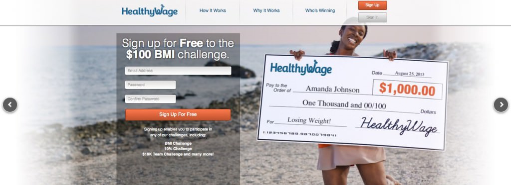 Screen grab of the HealthyWage website, featuring 1 model from a photo shoot coordinated by Miceli Productions