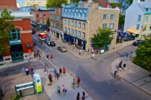 A street in Quebec City looking down from the old city wall at the people shopping and walking below. Quebec, Canada.