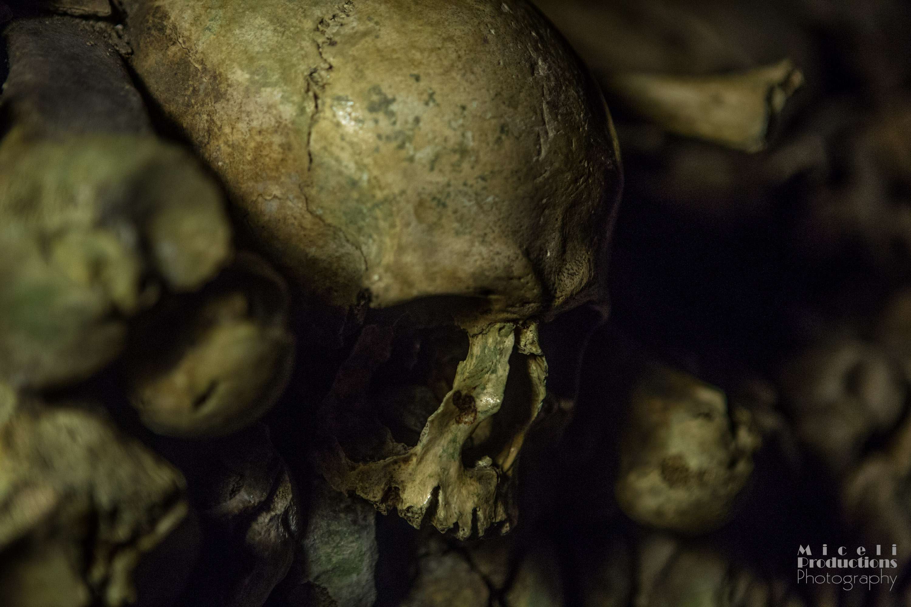 A close up image of a skull in The Catacombs of Paris.
