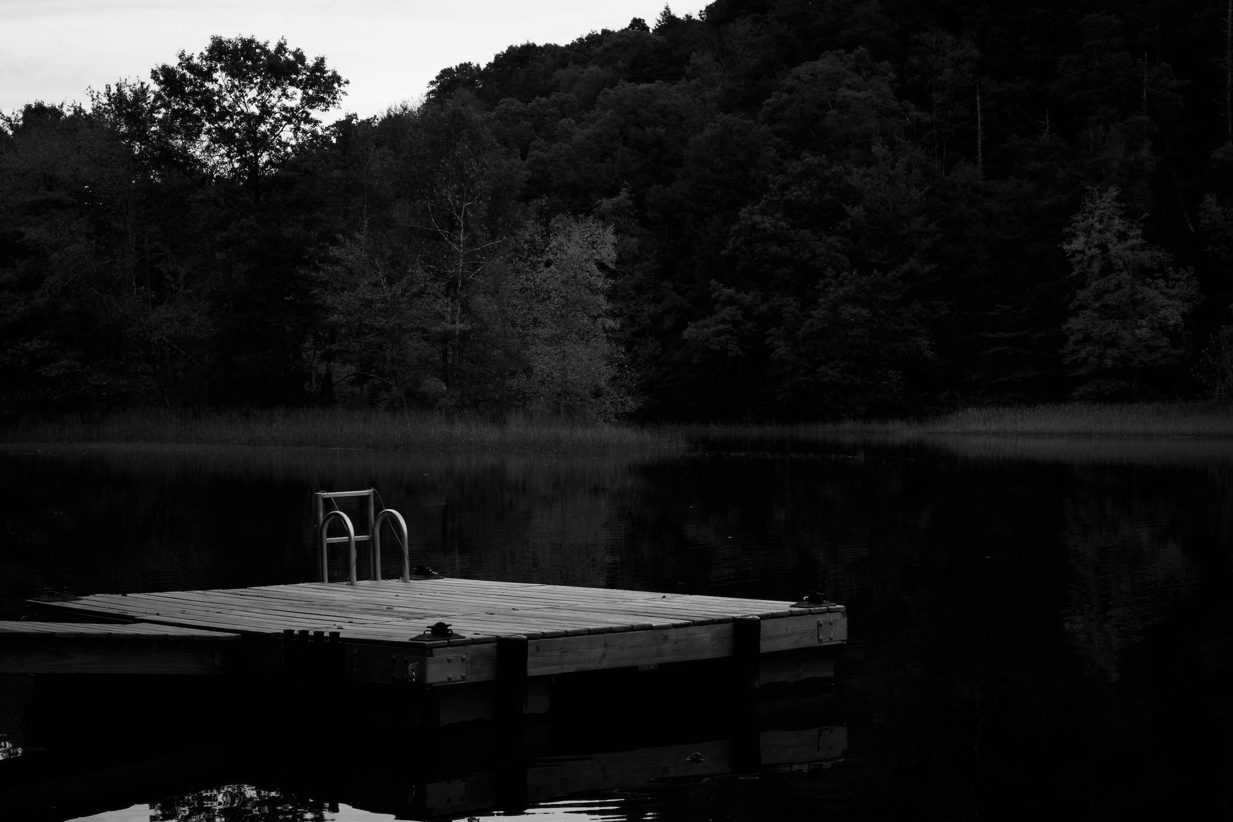 A photo tribute to Creepshow 2, The Raft, by Stephen King. A black and white photo of a dock with a ladder in the middle of a lake.