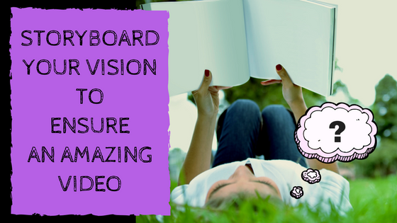 Storyboard Your Vision to Ensure an Amazing Video. A woman lies on the grass pondering a blank book, with a questions mark in a thought bubble, thinking of the best way to write her storyboard. Storyboarding is used in video production. Miceli Productions, Hartford, CT.