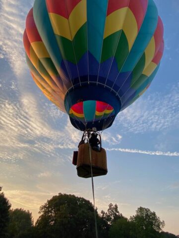 A hot air balloon over Litchfield where Michael Miceli of Miceli Productions films from inside the balloon basket.