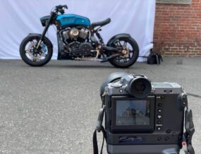 An outdoor product photo shoot by Miceli Productions for a custom built motorcycle to showcase the product features.
